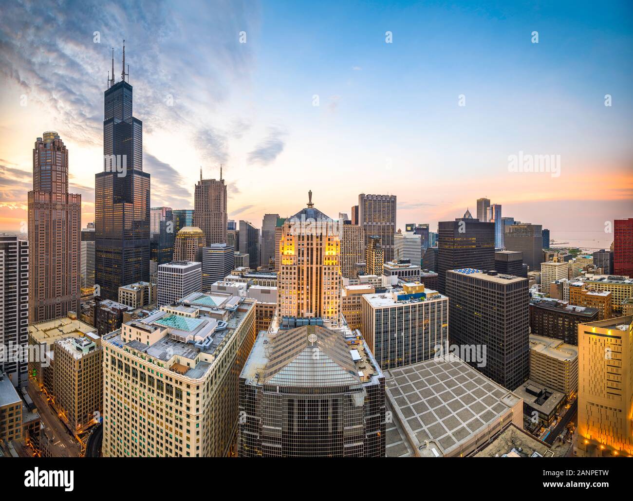 Chicago, IL, USA downtown cityscape at dusk. Stock Photo