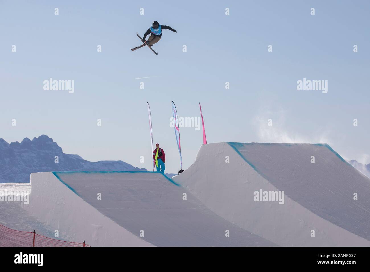 Team GBs Jasper Klien (17) during freeski slopestyle training at the Lausanne 2020 Youth Olympic Games on the 16h January 2020 at Leysin Park & Pipe Stock Photo