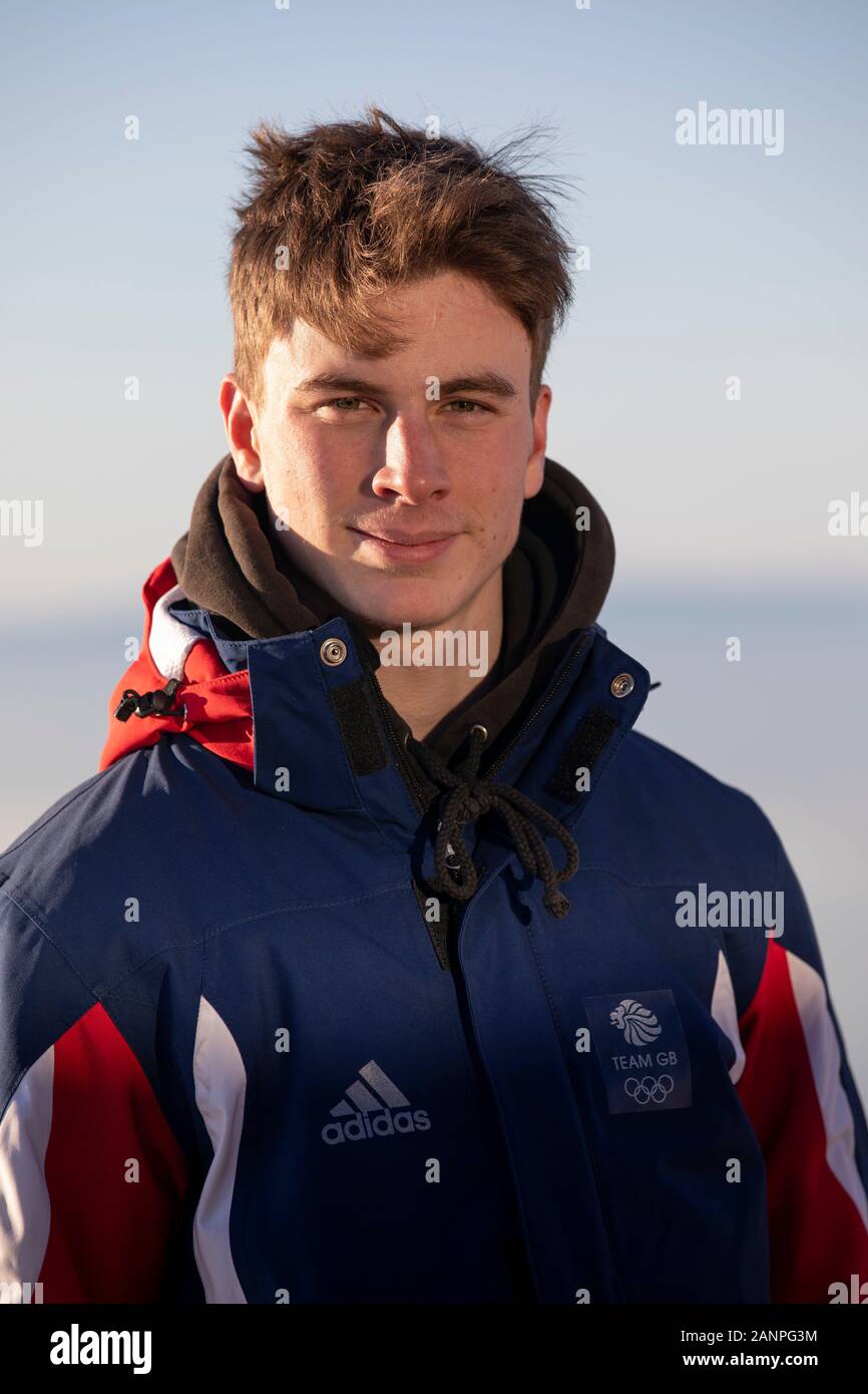 Team GBs Jasper Klien (17) during freeski slopestyle training at the Lausanne 2020 Youth Olympic Games on the 16h January 2020 at Leysin Park & Pipe Stock Photo
