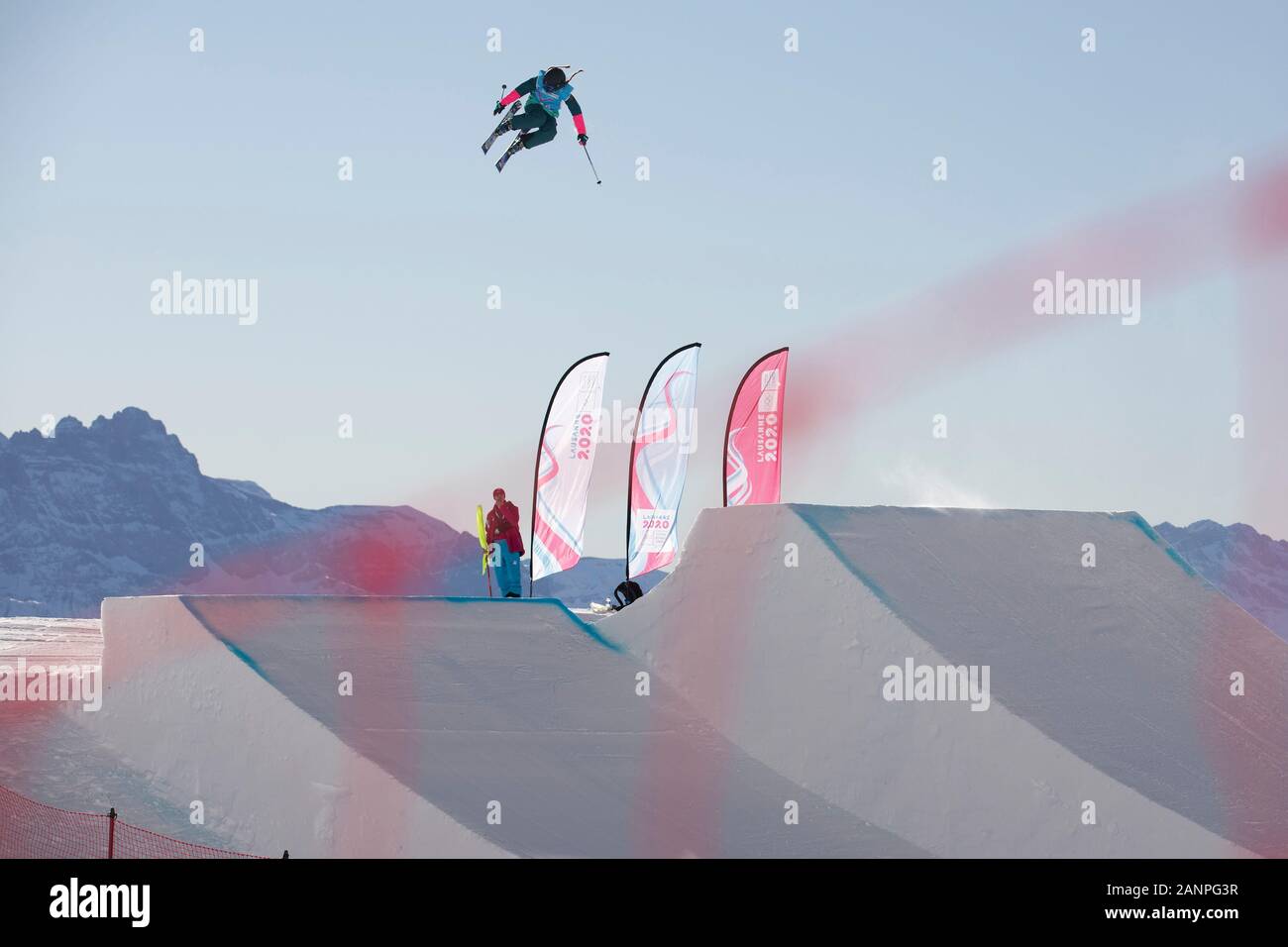 Team GB’s Kirsty Muir (15) during freeski slopestyle training at the Lausanne 2020 Youth Olympic Games on the 16h January 2020 at Leysin Park & Pipe Stock Photo