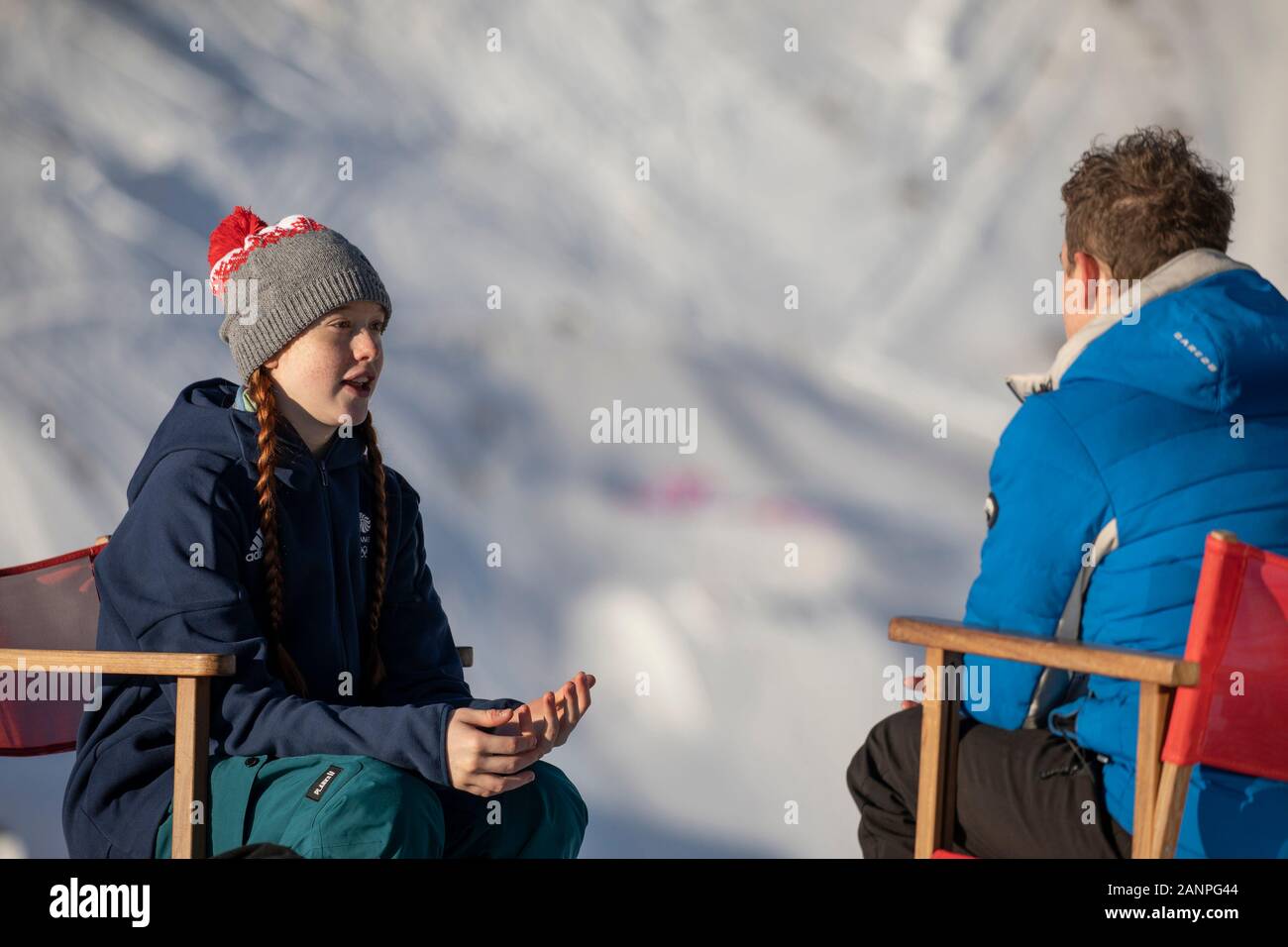 Team GB’s Kirsty Muir (15) being interviewed by the BBC during the Lausanne 2020 Youth Olympic Games on the 16h January 2020 at Leysin Park & Pipe Stock Photo