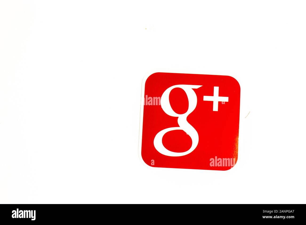 Los Angeles, California, USA - 17 January 2020: Google Plus logo on white background with copy space. Social media icon, Illustrative Editorial Stock Photo