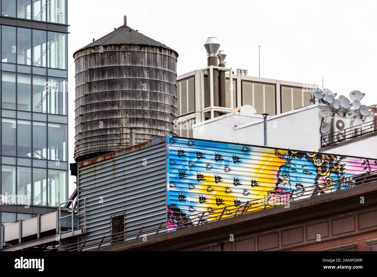 New York water tower with Graffiti Stock Photo