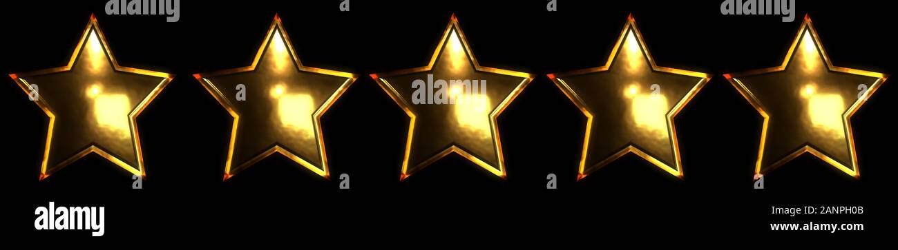 5 gold stars for rating isolated on black background. 3d render. Stock Photo