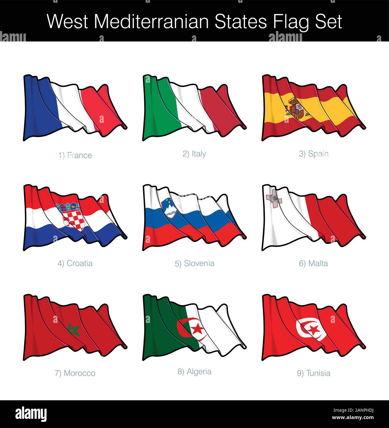 West Mediterranean States Waving Flag Set. The set includes the flags of France, Italy, Spain, Croatia, Slovenia, Malta, Morocco, Algeria n Tunisia. V Stock Vector