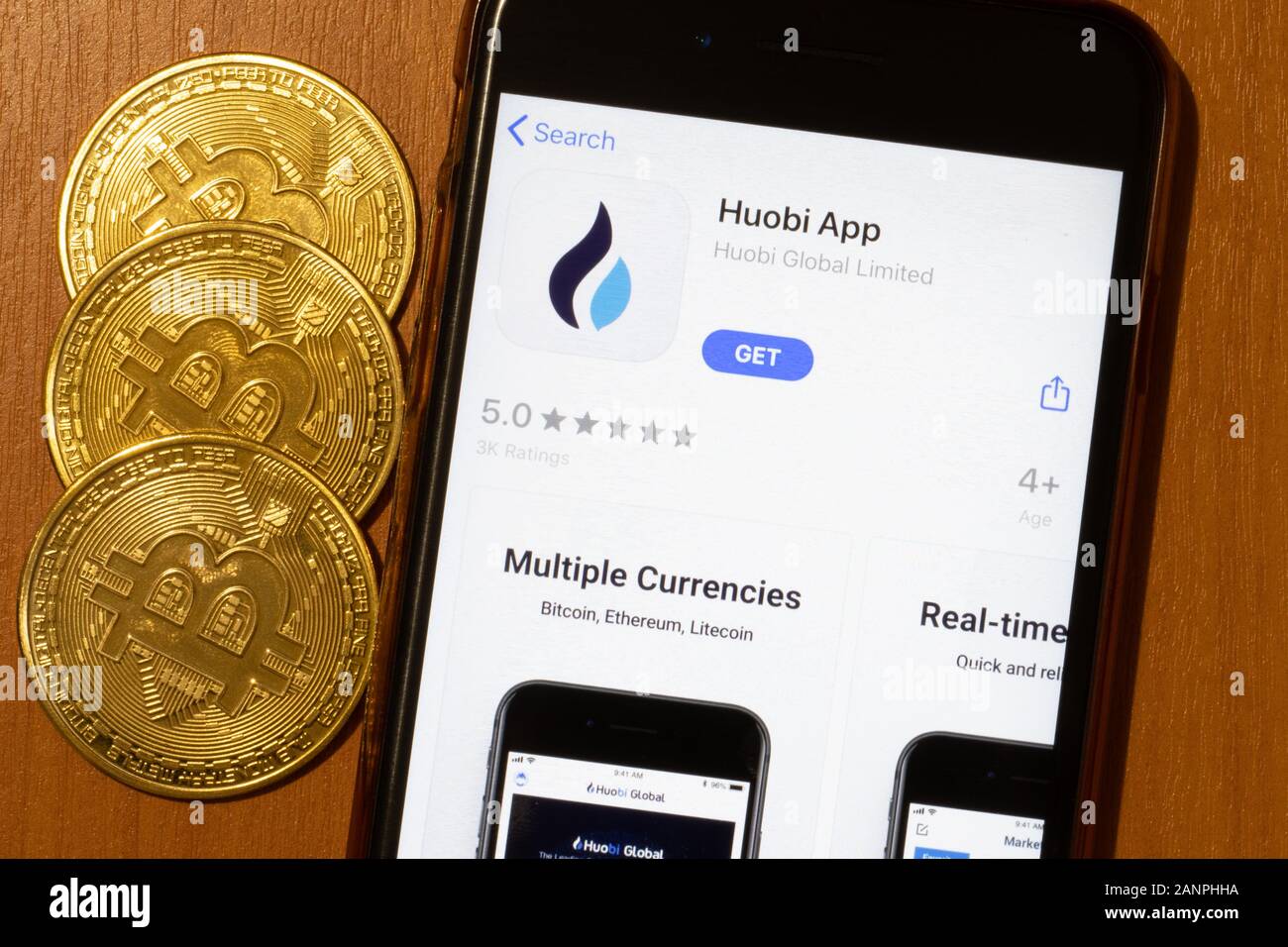 Los Angeles, California, USA - 17 January 2020: Huobi app logo with cryptocurrency, Illustrative Editorial Stock Photo
