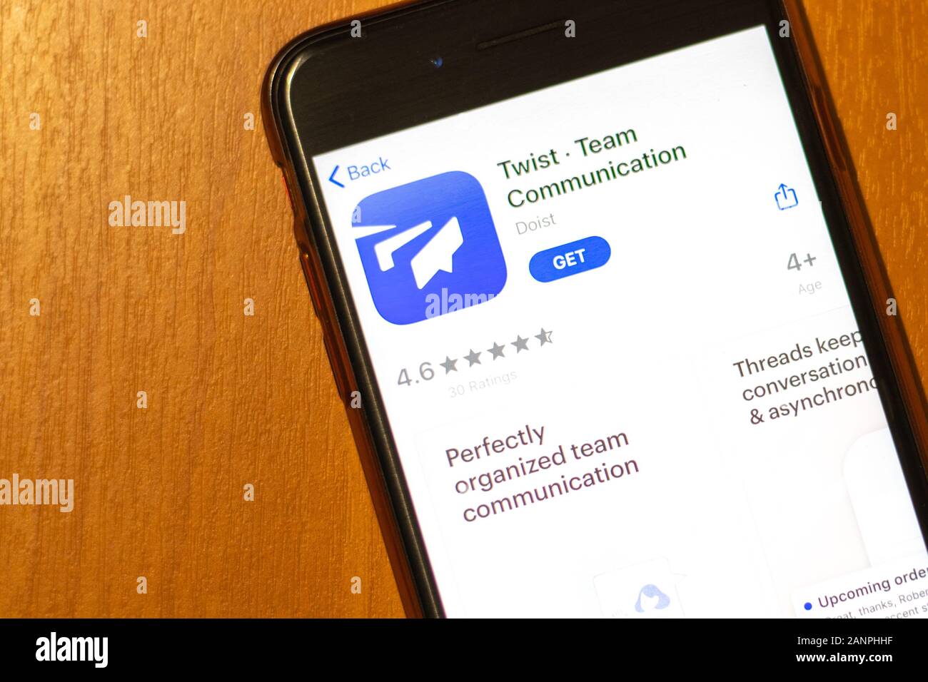 Los Angeles, California, USA - 17 January 2020: Phone screen with Twist Team Communication icon on app store top view, Illustrative Editorial Stock Photo