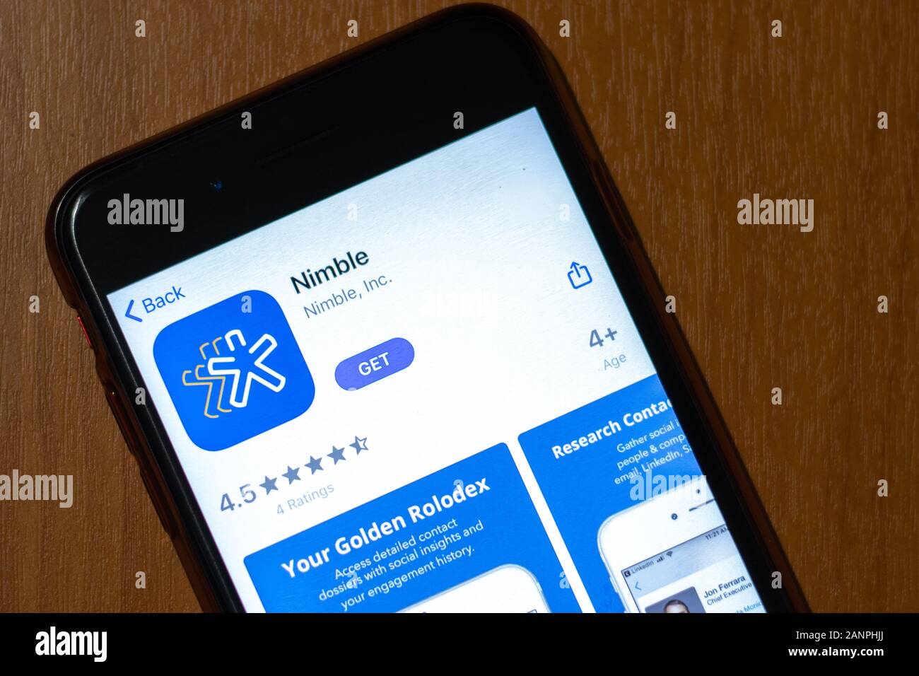 Los Angeles, California, USA - 17 January 2020: Phone screen with Nimble icon on app store top view, Illustrative Editorial Stock Photo