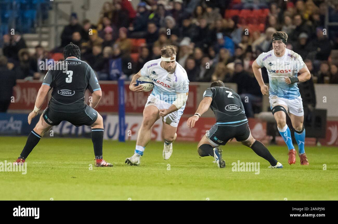 18th January 2020; AJ Bell Stadium, Salford, Lancashire, England; European Champions Cup Rugby, Sale Sharks versus Glasgow Warriors; WillGriff John of Sale Sharks with Fraser Brown of Glasgow Warriors preparing to tackle - Editorial Use Stock Photo