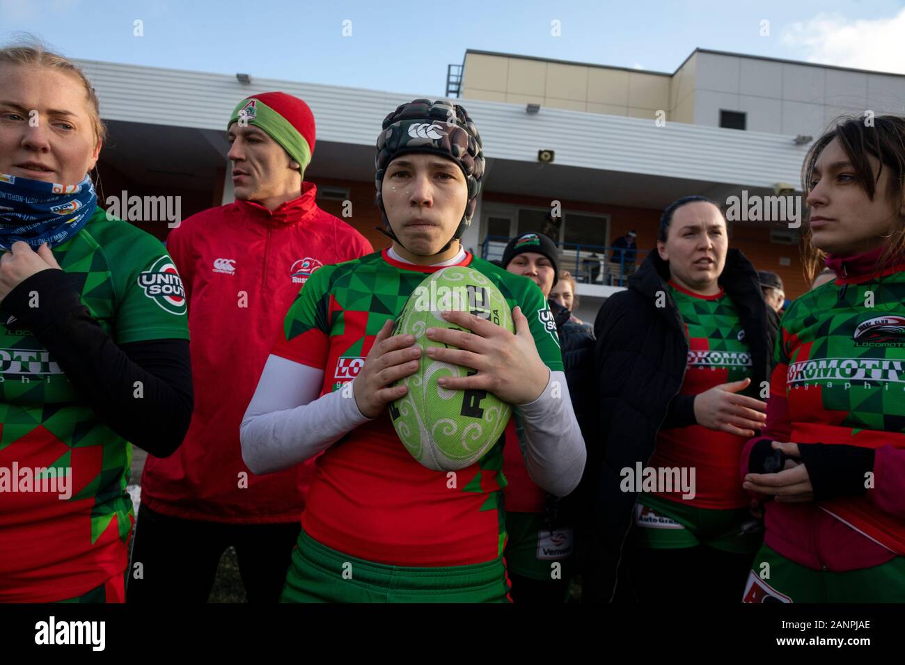 Moscow, Russia. 18th of January, 2020 The Lokomotiv women's Rugby team is tuned to play before the start the match during 9th 'Snow Rugby' tournament in Moscow, Russia. Snow rugby plays during the winter months and it has been played in extremely cold conditions Stock Photo
