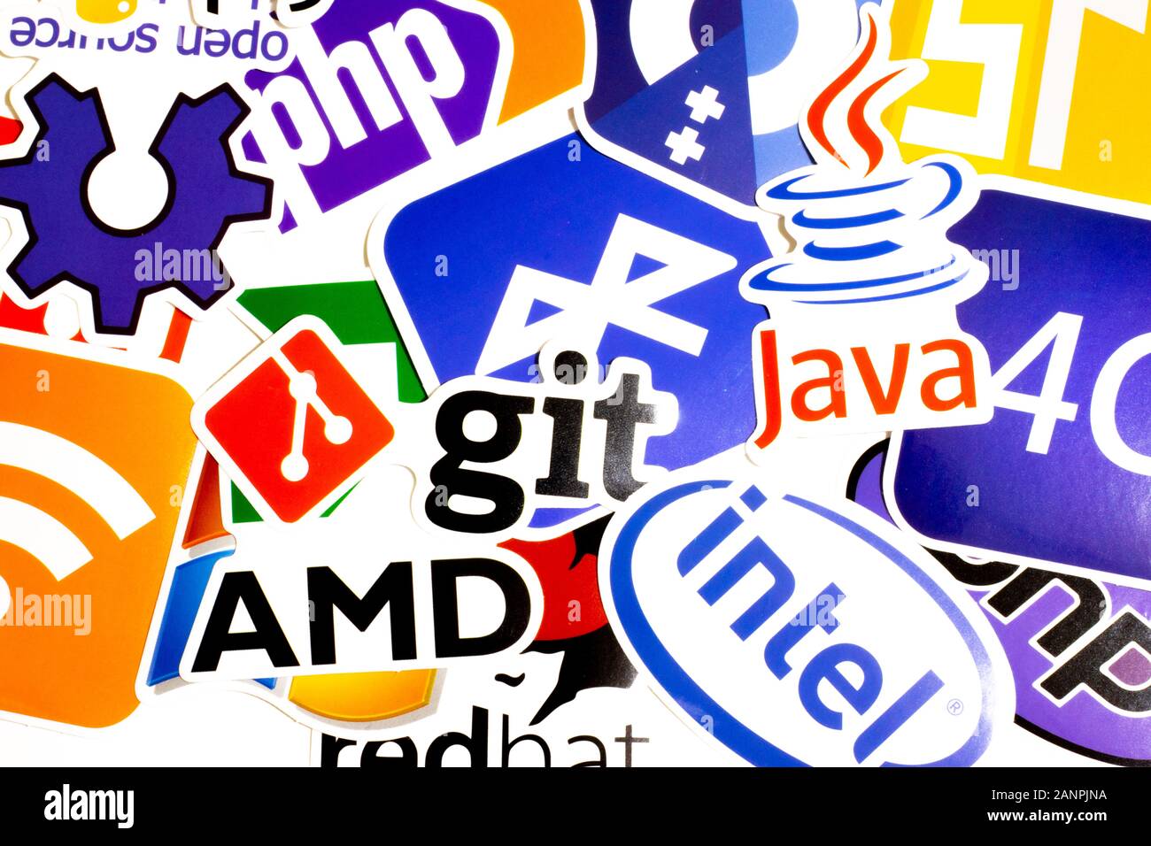 Los Angeles, California, USA - 17 January 2020: Different IT icons and logo. Programming topic background, Illustrative Editorial Stock Photo