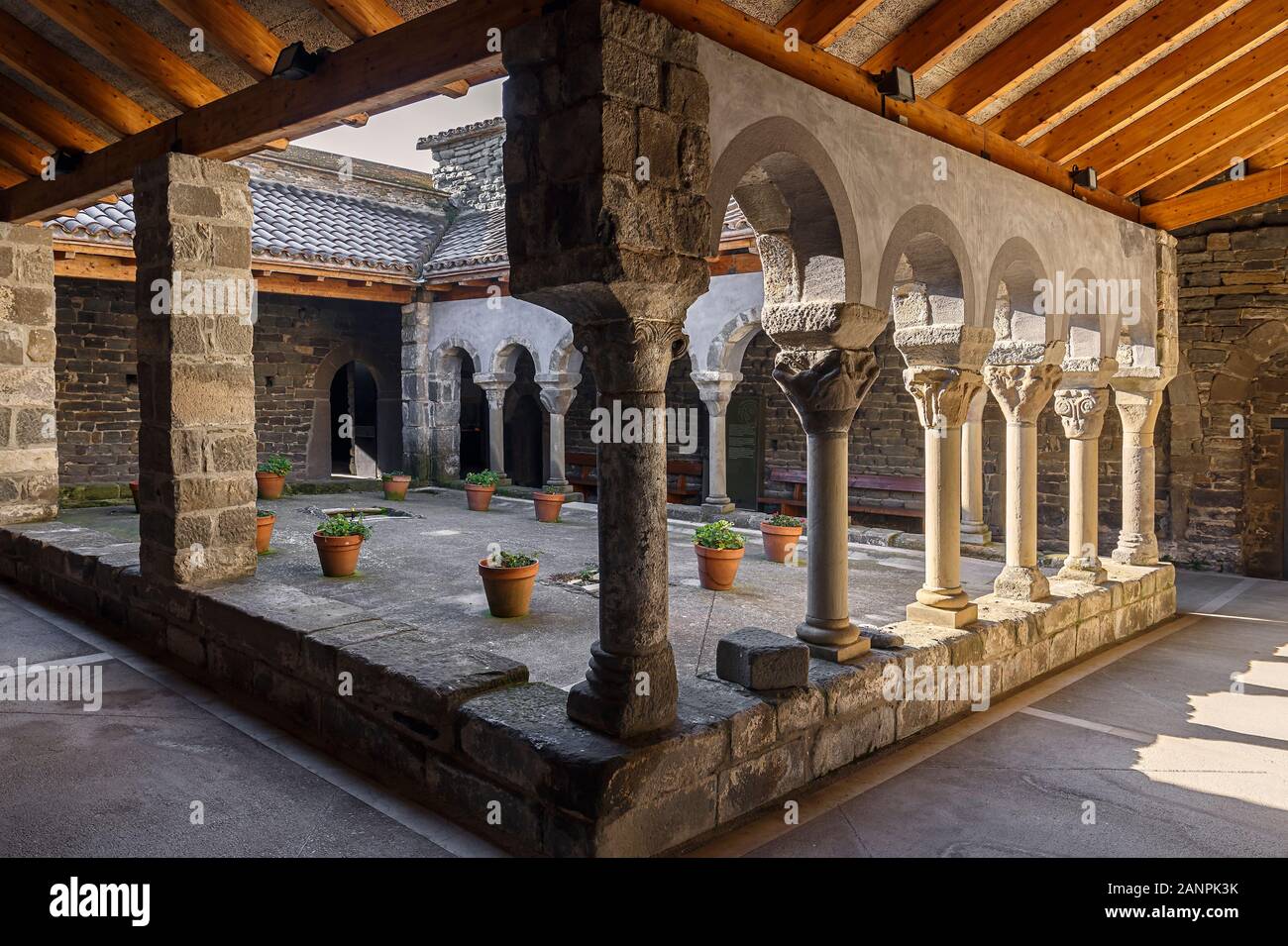 Cloister of the 11th Century Romanesque  style Benedictine Monastery of Sant Pere de Casserres, Catalonia Stock Photo