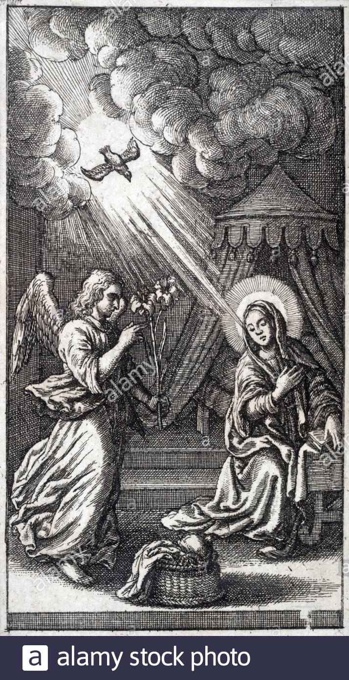 The Annunciation, etching by Bohemian etcher Wenceslaus Hollar from 1600s Stock Photo