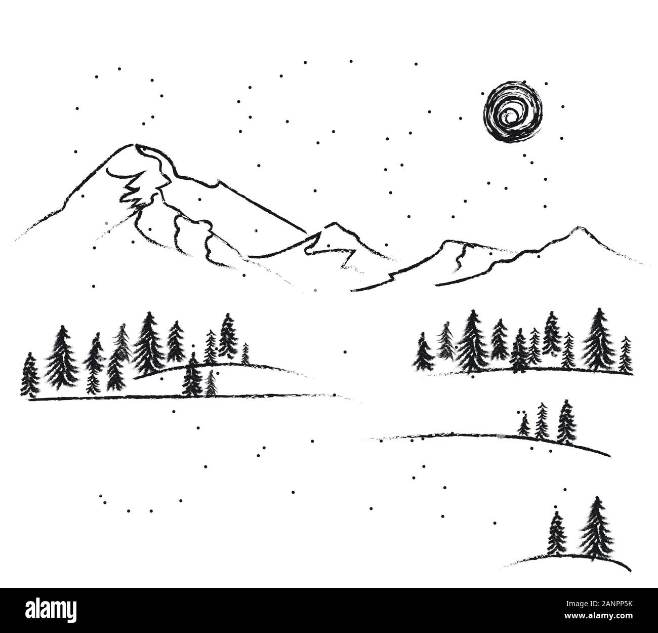 Drawing With Coal Is A Winter Forest And Mountains On A Sunny Day For Winter Cards Design Forest In Snowy Weather Frames Vector Illustration Stock Vector Image Art Alamy