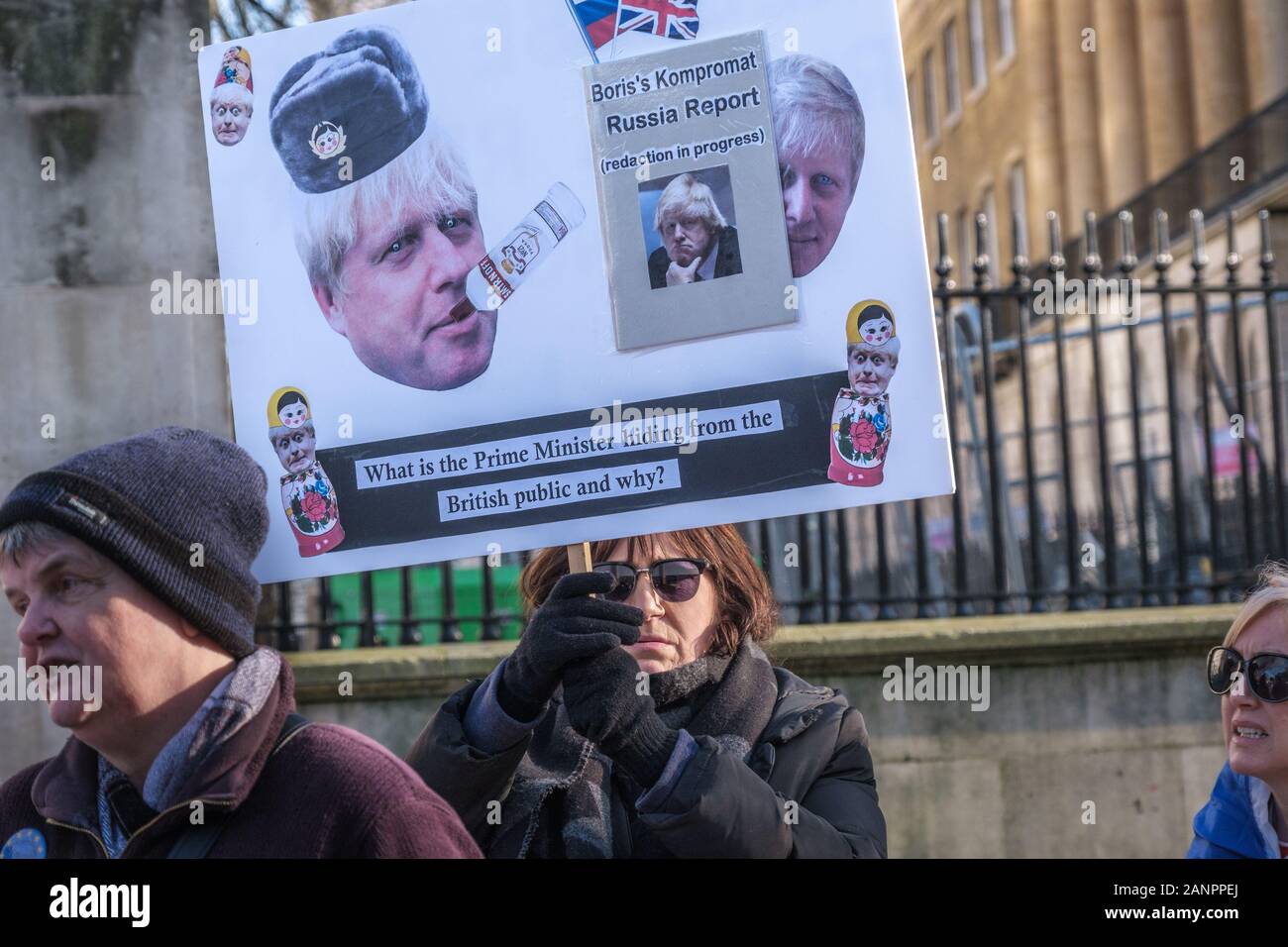 London, UK. 18th January 2019. Protesters at Downing St call for the report on Russian interference in UK politics to be released. Ready before the election, they say it was suppressed by Boris Johnson because it revealed important Russian interference in UK politics including large donations to the Conservative Party and pro-Brexit ca campaingns which amount to a Russian based coup.  Peter Marshall/Alamy Live News Stock Photo