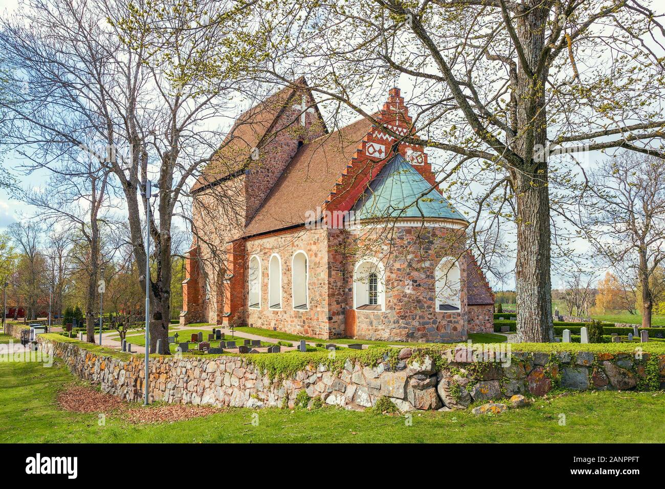 View of the Gamla Uppsala stone destination; church from the east. Uppsala. Sweden Stock Photo