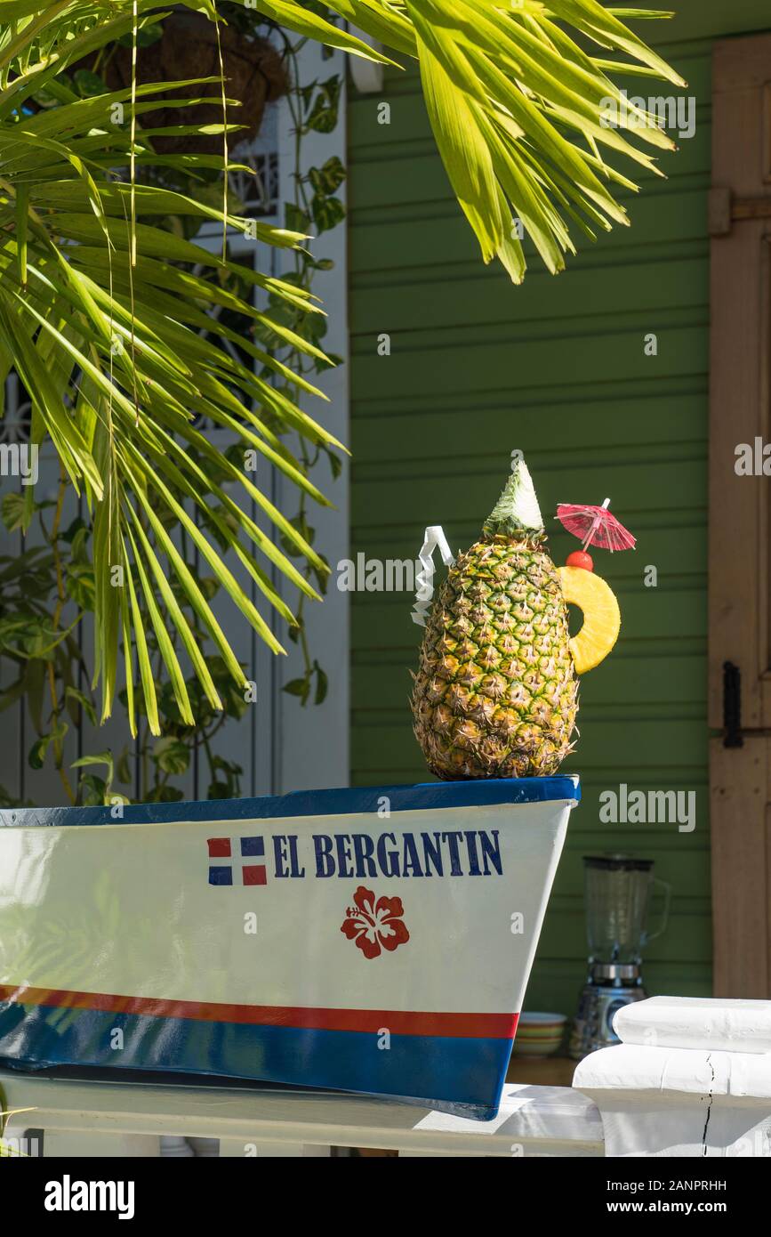 A pineapple arrangement outside a restaurant in downtown, Puerto Plata