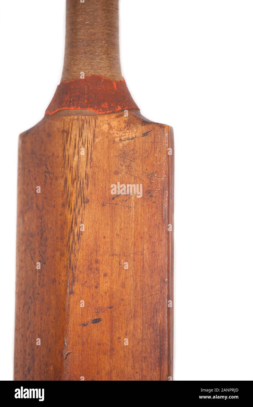 back of vintage Spalding cricket bat on white background Stock Photo