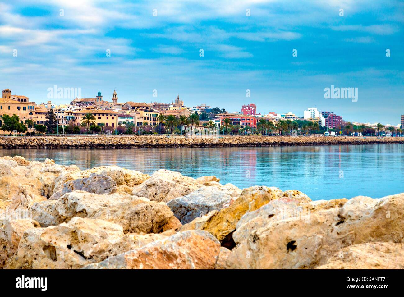 View of city and coastline from Puerto de Palma, Palma, Mallorca, Spain Stock Photo