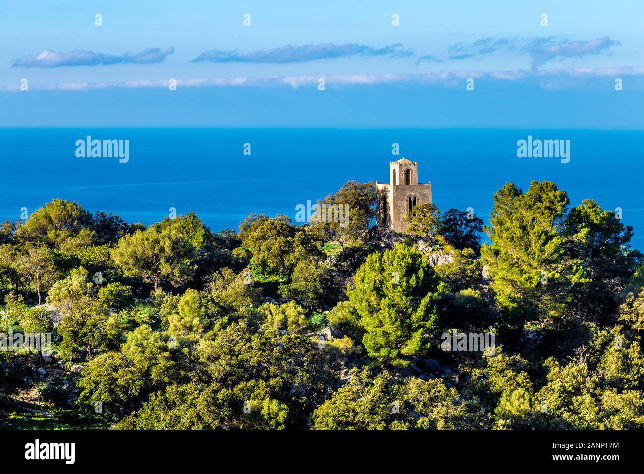 Tower with a view out to sea near the Hermitage of the Holy Trinity (Ermita de la Santíssima Trinitat), Mallorca, Spain Stock Photo