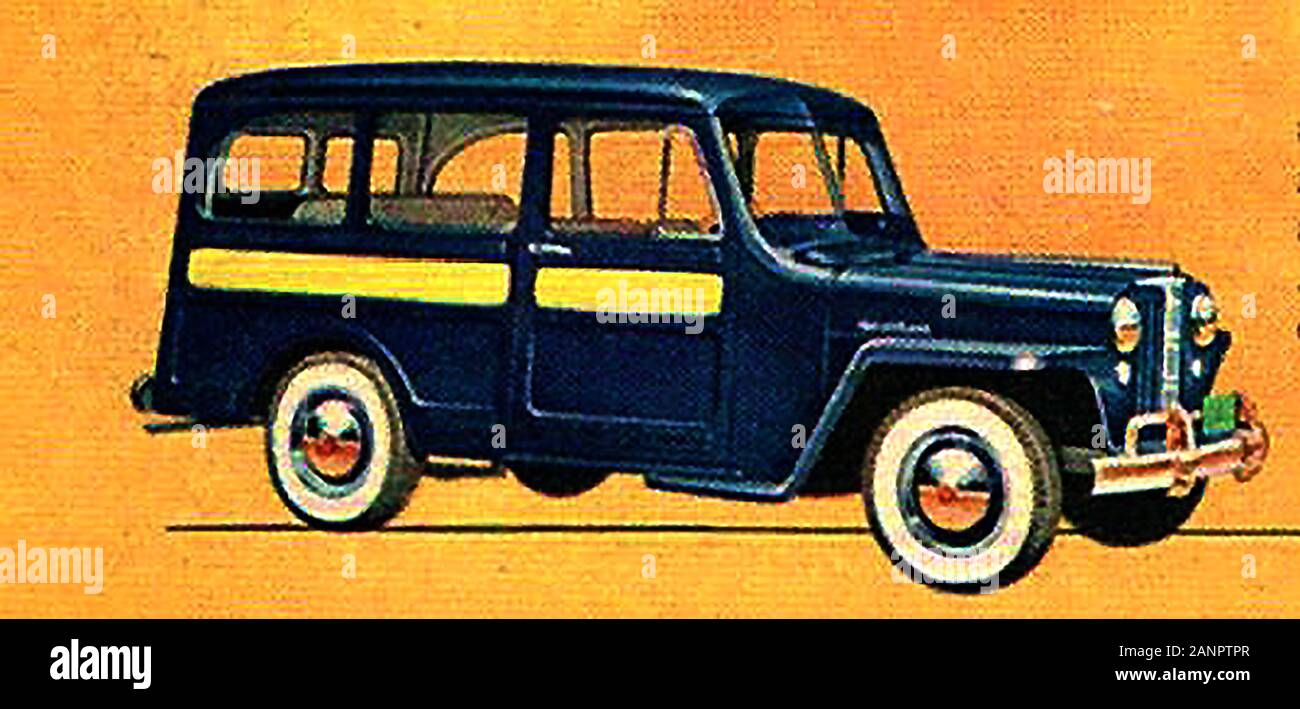 Jeep Station Sedan (From A 1949 USA magazine advert) . Though built of steel the vehicle was generally  painted as if made of wood. Stock Photo