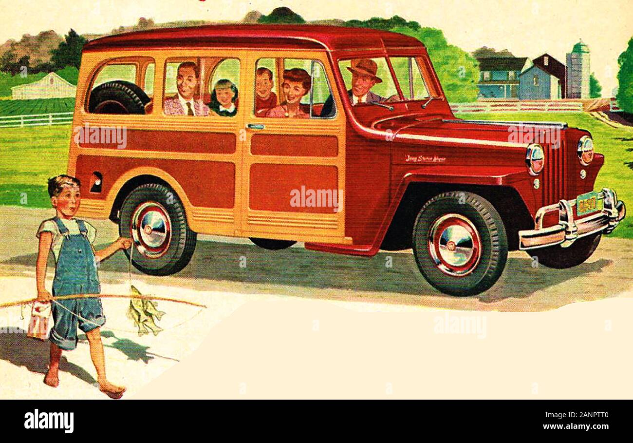 Jeep Station Wagon (From A 1949 USA magazine advert). Though built of steel the vehicle was generally  painted as if made of wood. Stock Photo