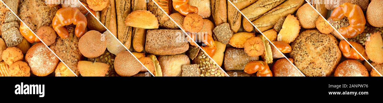 Panoramic set fresh bread products. Wide format. Top view Stock Photo