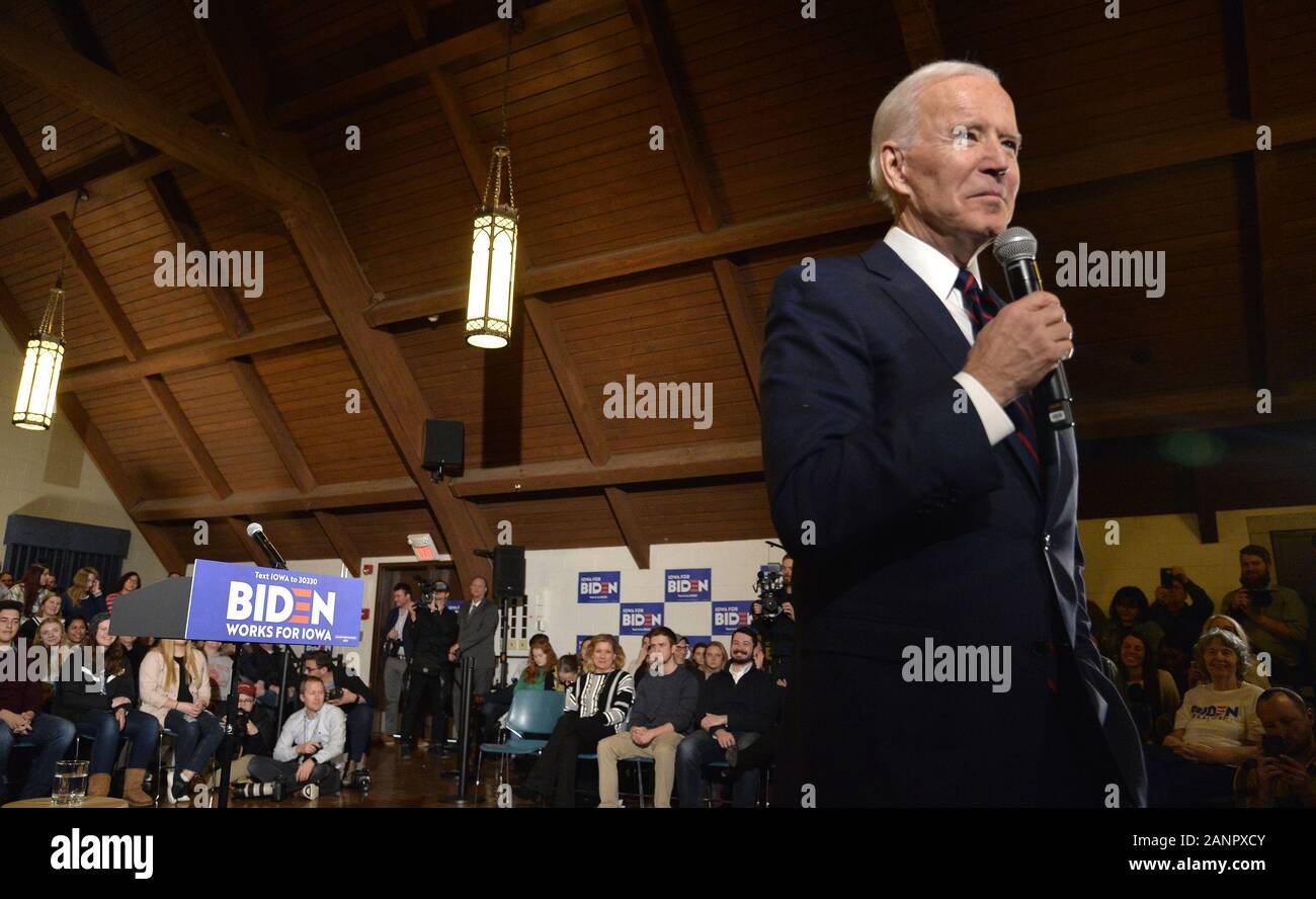 Indianola, USA. 18th Jan, 2020. 2020 Democratic presidential candidate former Vice President Joe Biden, during a community event in Iandianola, Iowa, Saturday, January 18, 2020. Candidates continue to campaign as Iowa's first-in-the-nation caucuses on February 3 approaches. Photo by Mike Theiler/UPI Credit: UPI/Alamy Live News Stock Photo