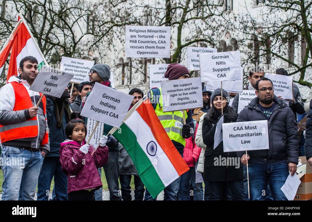 Munich, Germany. 18th Jan, 2020. A week after a group demonstrated against the so-called 'anti-Muslim law'' in India, a group from an identified organization showed support for the Indian government and the controversial Citizenship Amendment Bill assembled at Munich's Geschwister Scholl Platz. The CAB bill gives amnesty to religious minorities from Pakistan, Afghanistan and Bangladesh to migrate to India, but does not include Muslims and is an amendment to a 64 year old law that bars those illegally in India from obtaining citizenship. Credit: ZUMA Press, Inc./Alamy Live News Stock Photo