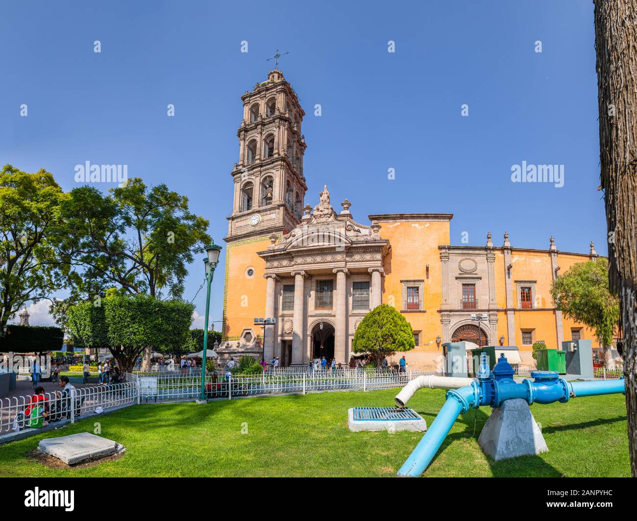 Celaya, Guanajuato, Mexico - November 24, 2019: People enjoying the day infront of the Immaculate Conception Cathedral Stock Photo