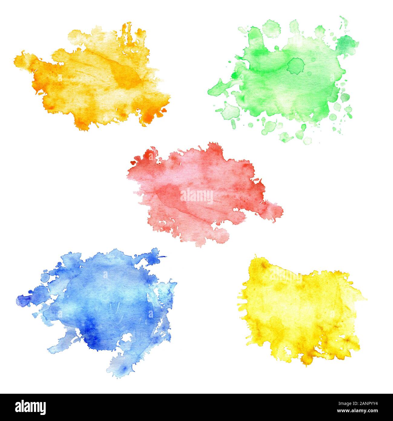 Set of watercolor stains with splashes and stains. Watercolor stains of orange, pink, green, yellow and blue. Isolated blots on a white background, ha Stock Photo