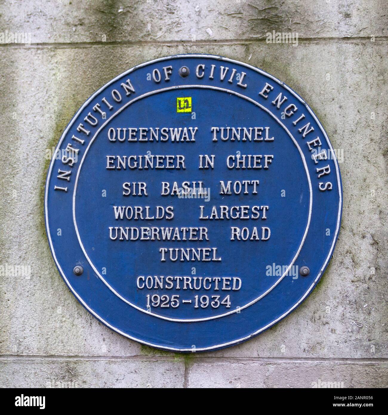 Queensway Tunnel blue plaque over entrance to the original Mersey tunnel built by engineer Sir Basil Mott Stock Photo