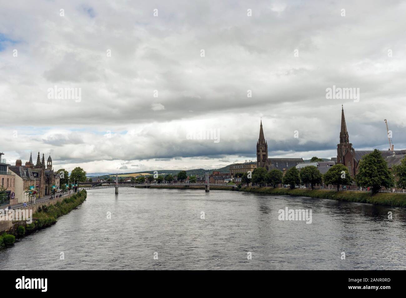 View along the River Ness to the City Centre of Inverness, Scotland Stock Photo