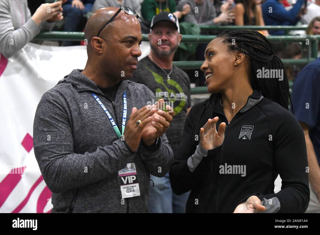 United States Army major general Ronald Clark (Ronald P. Clark (left) talks  with daughter Megan Clark during the National Pole Vault Summit, Friday,  Jan. 17, 2020, in Reno, Nev. (Photo by IOS/ESPA-Images