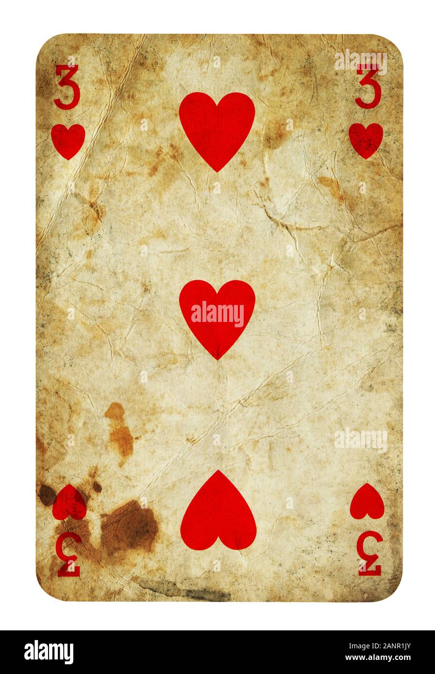 Three Of Hearts Vintage Playing Card Isolated On White Clipping Path Included Stock Photo Alamy
