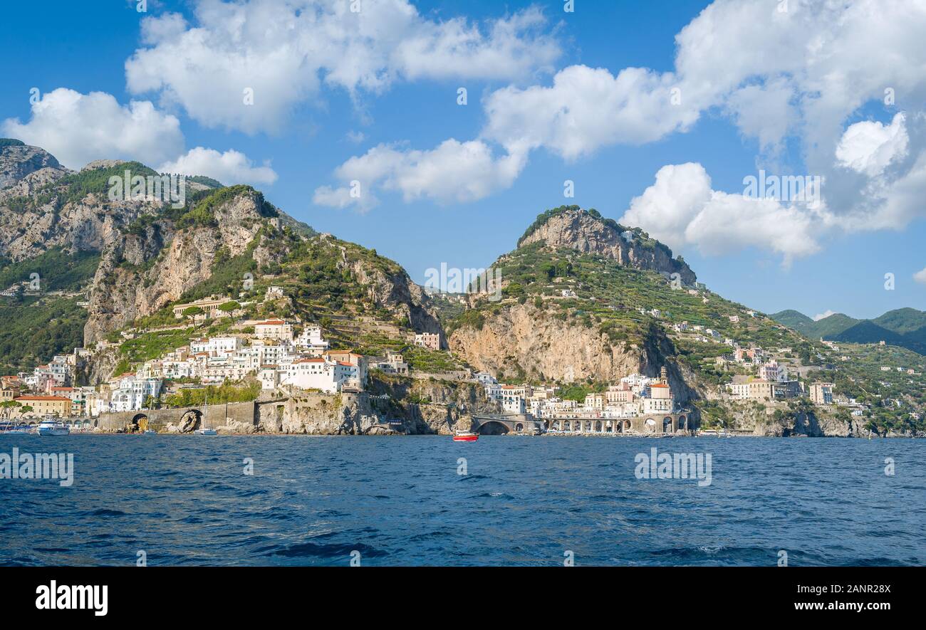 Amalfi coast view from the water. Summer landscapes of Italy Stock ...