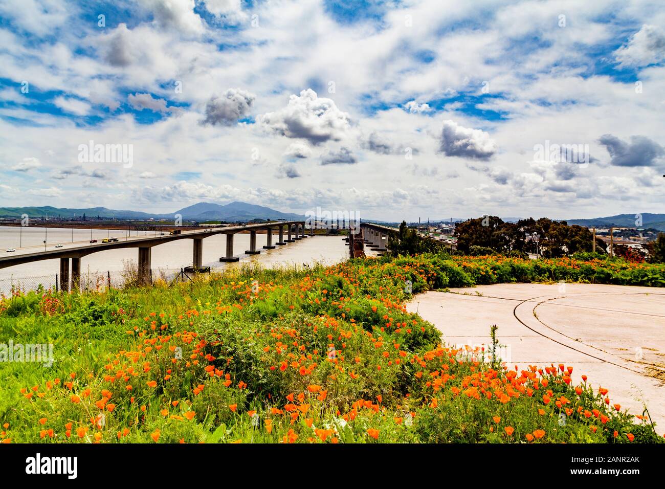 The Benicia bridge vista point with views of the San Francisco Bay, Suisun Bay and Mount Diablo Stock Photo