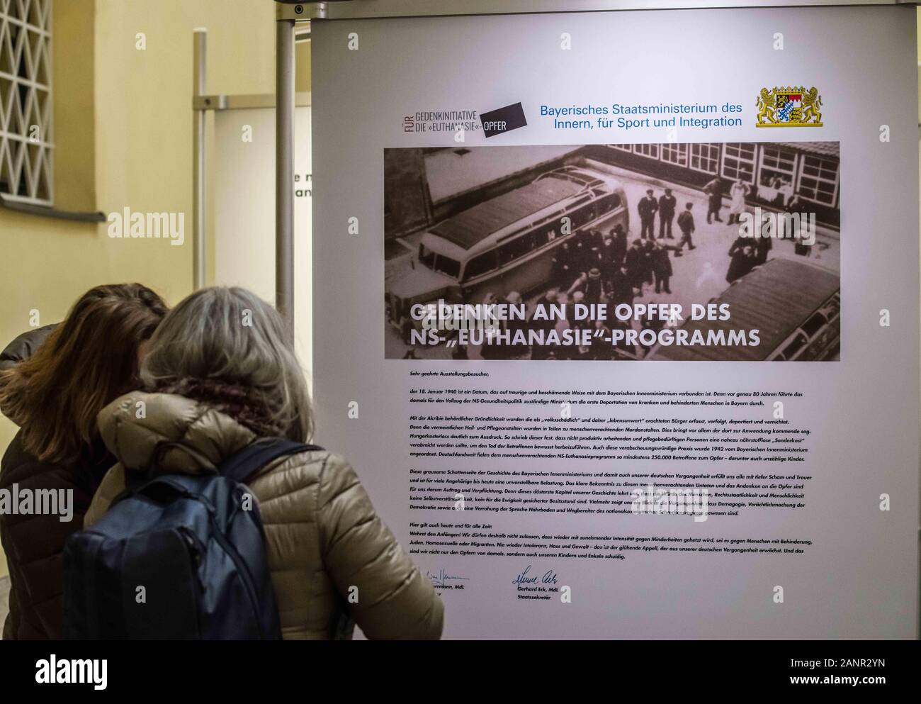 Munich, Bavaria, Germany. 18th Jan, 2020. Honoring the victims on the 80th anniversary of their categorization as 'unfit to live'' by the Nazi terror regime, the Bavarian Interior Ministry held a memorial program in connection with an exhibition at the Ministry. The National Socialist terror regime began the program near Munich and through it rounded up disabled and chronically ill people, declared them 'unfit to live'' then deported them to face execution. The exhibition will run from January 20th to the 24th. Credit: Sachelle Babbar/ZUMA Wire/Alamy Live News Stock Photo