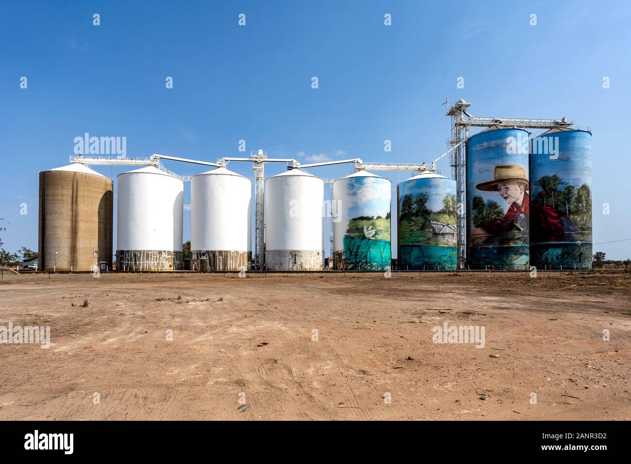 View of the painted silos of Yelarbon, Queensland, an artwork titled