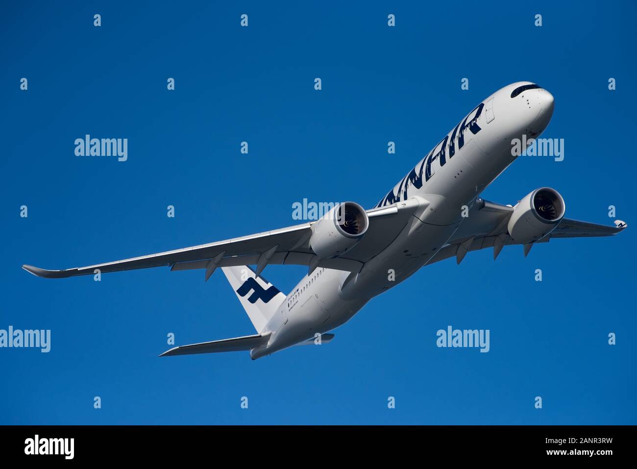 Helsinki, Finland - 9 June 2017: Finnair Airbus A350 XWB airliner flying on blue sky over Helsinki at the Kaivopuisto Air Show 2017 Stock Photo