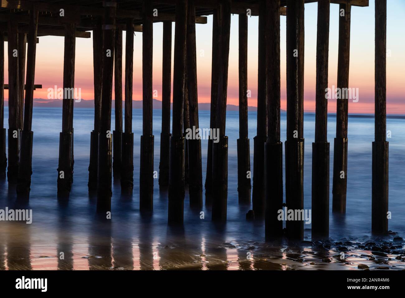 Close of pillars, Ventura Pier, Ventura, California. Water receded with