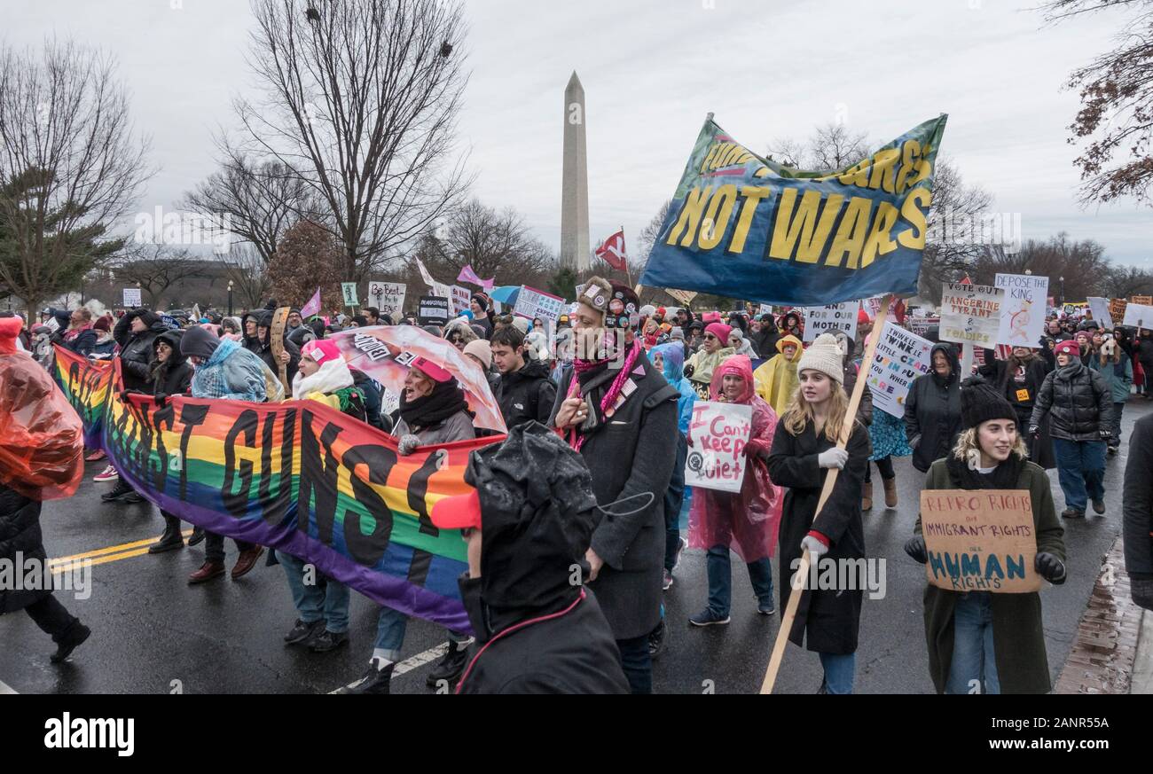 WASHINGTON, DC - JAN. 18, 2020: Emphatic marchers at Women's March 2020,  This was the 4th annual Women's March, and one of many marches around the US. Stock Photo