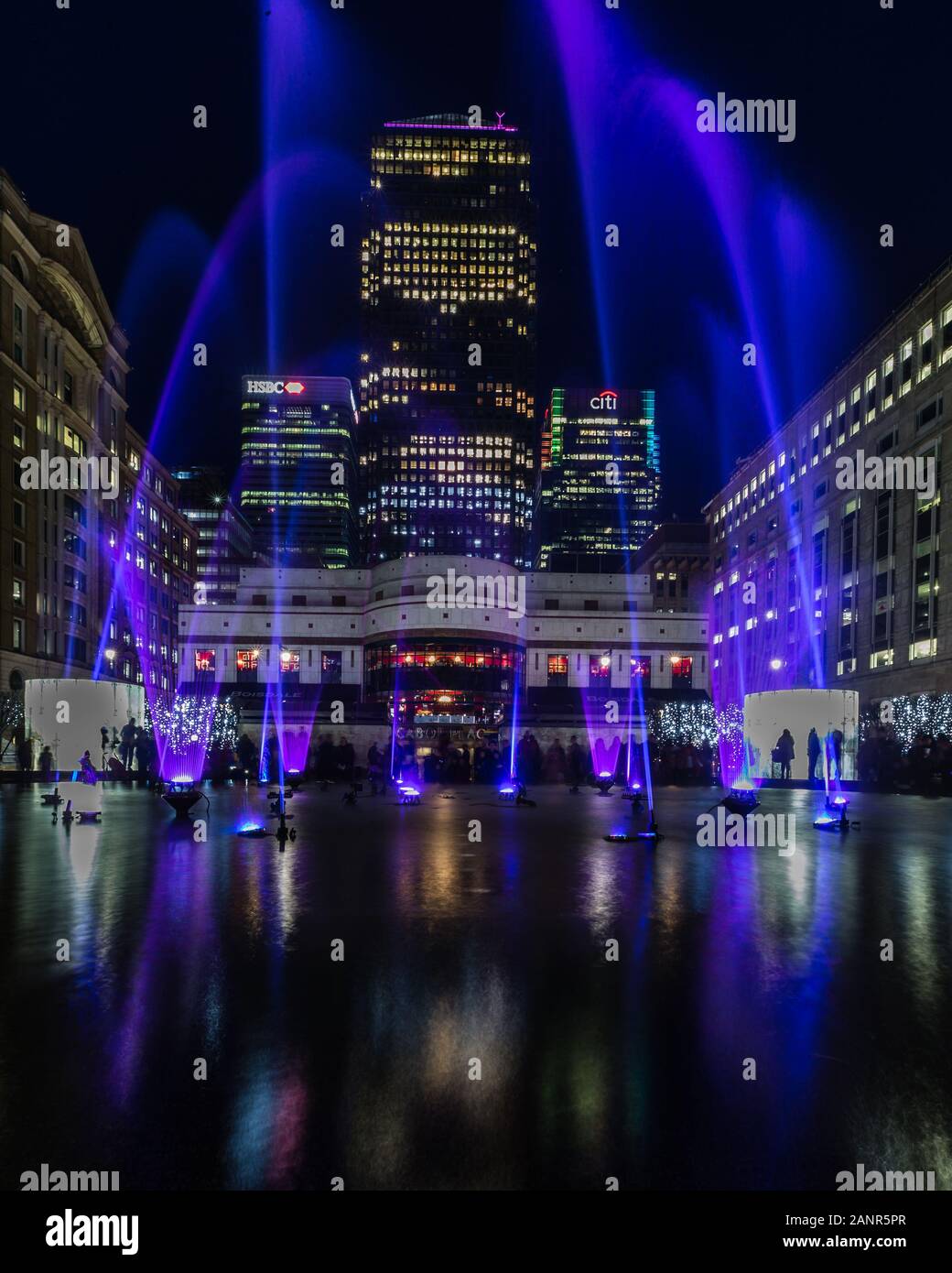 London, England, United Kingdom - January 18, 2020: Liquid Sound by ENTERTAINMENT EFFECT art installation at Winter Lights 2020 Canary Wharf in London Stock Photo