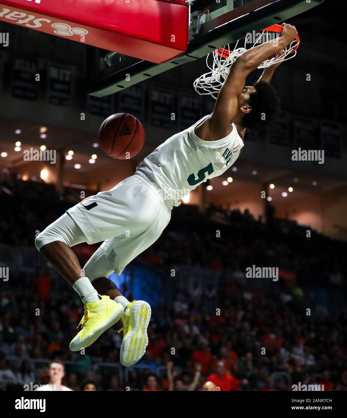 January 18, 2020: Miami Hurricanes guard Harlond Beverly (5) scores against the Florida State Seminoles during an NCAA men's basketball game at the Watsco Center in Coral Gables, Florida. Florida State won 83-79 in overtime. Mario Houben/CSM Stock Photo