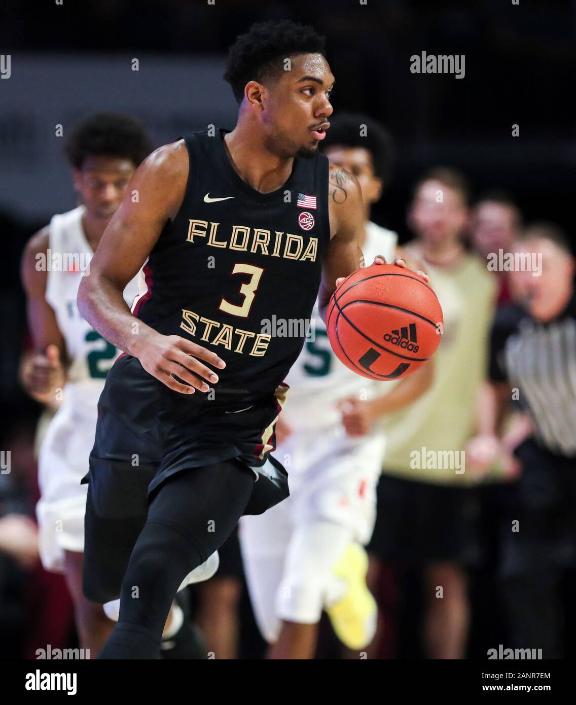 January 18, 2020: Florida State Seminoles guard Trent Forrest (3) moves the ball during an NCAA men's basketball game against the Miami Hurricanes at the Watsco Center in Coral Gables, Florida. Florida State won 83-79 in overtime. Mario Houben/CSM Stock Photo