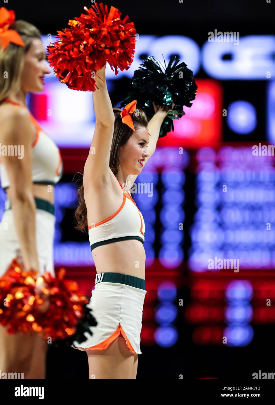January 18, 2020: Miami Hurricanes cheerleaders perform during an NCAA men's basketball game against the Florida State Seminoles at the Watsco Center in Coral Gables, Florida. Florida State won 83-79 in overtime. Mario Houben/CSM Stock Photo