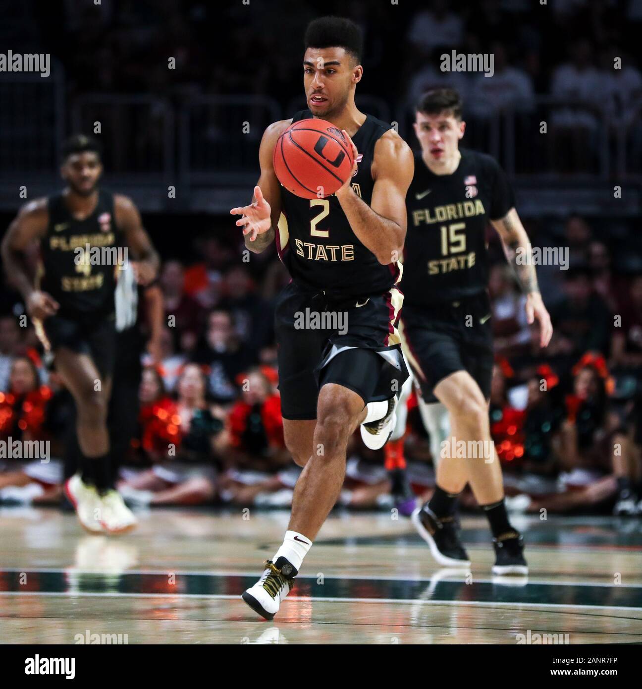 January 18, 2020: Florida State Seminoles guard Anthony Polite (2) moves the ball during an NCAA men's basketball game against the Miami Hurricanes at the Watsco Center in Coral Gables, Florida. Florida State won 83-79 in overtime. Mario Houben/CSM Stock Photo