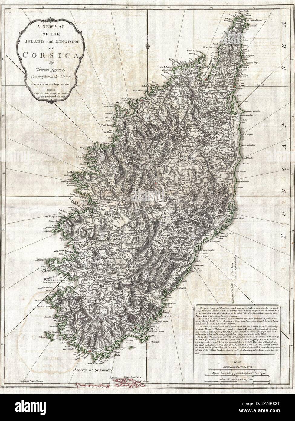 A New Map of the Island and Kingdom of Corsica. An extraordinary 1794 map of the Island and Kingdom of Corsica. Covers the entire island in extraordinary detail offering both topographical and political information. With its unique blend of dramatic mountains and stunning pristine beaches, Corsica is considered to be one of the world's most beautiful places. A note in the lower right hand quadrant discusses the geography and population of the island. Prepared by Thomas Jefferys and published by Laurie & Whittle in Kitchin's 1794 General Atlas Stock Photo