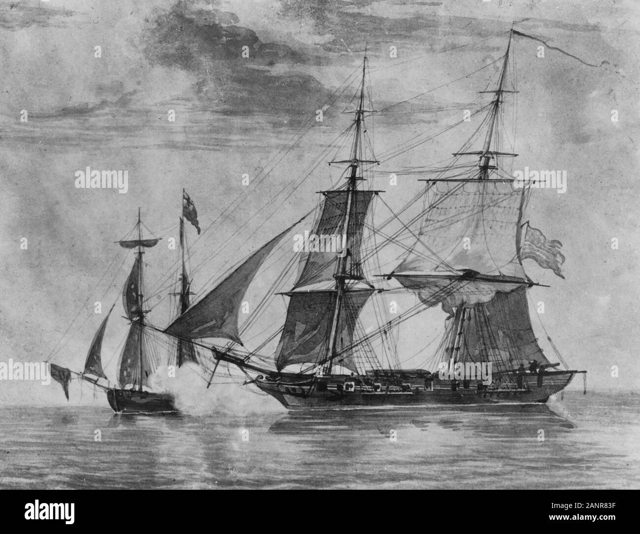 Battle between USS Enterprise and HMS Boxer off coast of Maine, September 5, 1813. Battle between USS Enterprise and HMS Boxer off coast of Maine, September 5, 1813. Stock Photo