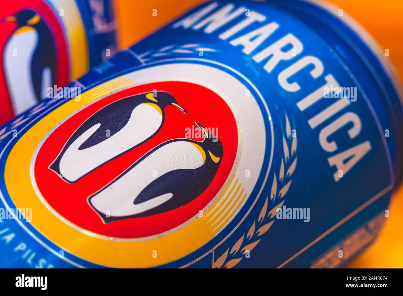 Two cans of beer from the Antarctica brand. Cerveja Antarctica Pilsen is part of the AMBEV group. Stock Photo